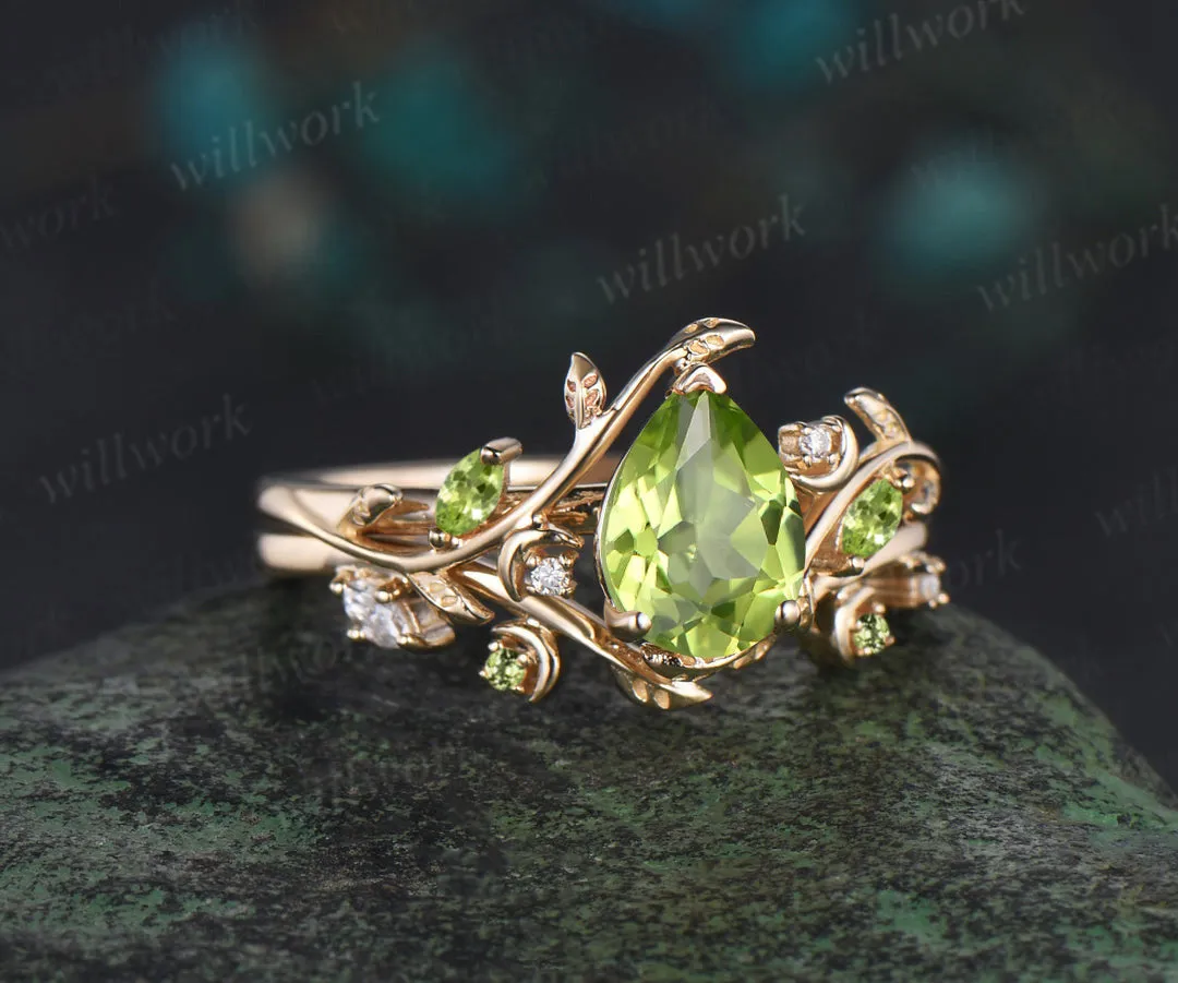 Vintage pear shaped peridot engagement ring twisted leaf moon Crystal gemstone wedding anniversary ring set gift sold by Willwork Jewelry product image thumbnail 3