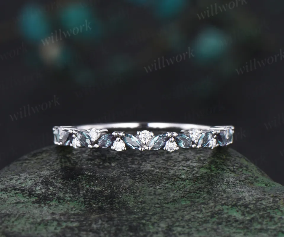 Marquise alexandrite ring for women vintage solid 14k white gold half eternity moissanite ring dainty wedding band bridal jewelry gifts made by Willwork Jewelry