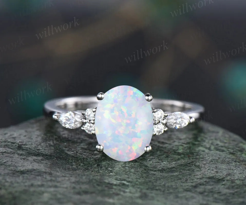 Oval cut opal engagement ring marquise diamond engagement ring women vintage promise ring made by Willwork Jewelry
