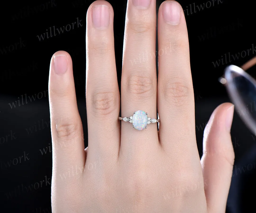 Oval cut opal engagement ring marquise diamond engagement ring women vintage promise ring sold by Willwork Jewelry product image thumbnail 4