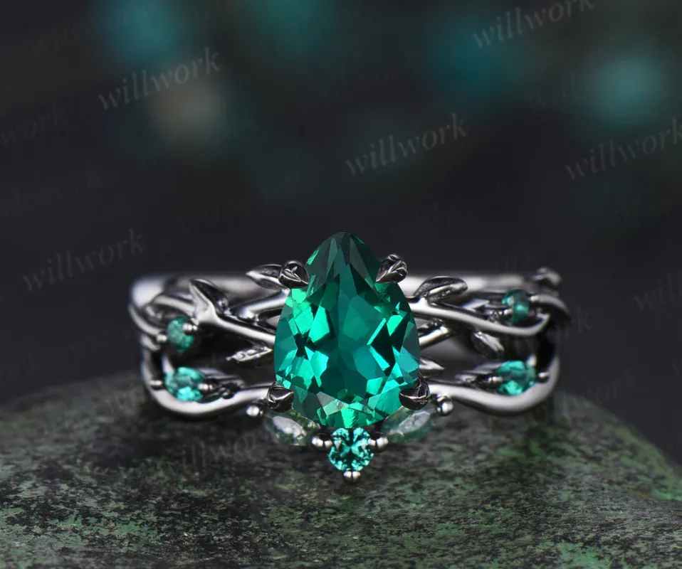 Black Gold Pear Emerald Engagement Ring Set Twig Vine Wedding Ring Gothic Promise Rings sold by Willwork Jewelry