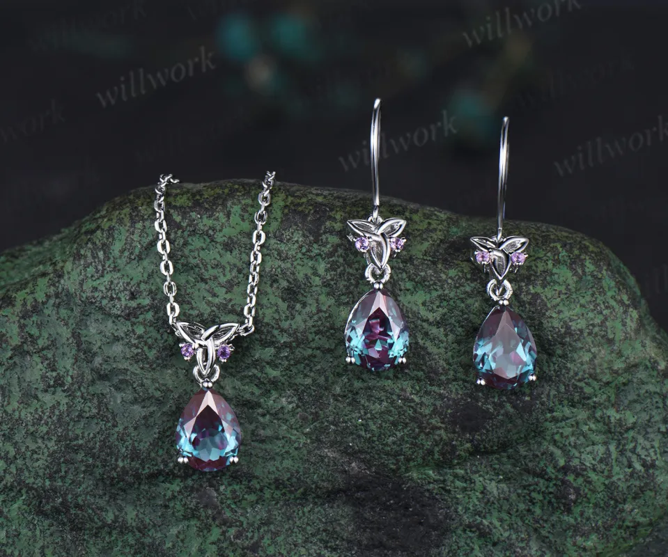 Pear alexandrite drop earrings & matching necklace set white gold celtic knot jewelry color-change gemstone anniversary gift for women made by Willwork Jewelry