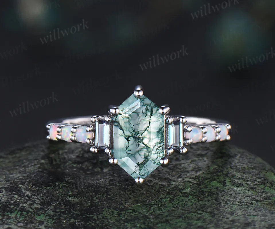 Unique Long hexagon natural moss agate engagement ring cluster baguette alexandrite opal wedding ring art deco proposal gifts made by Willwork Jewelry
