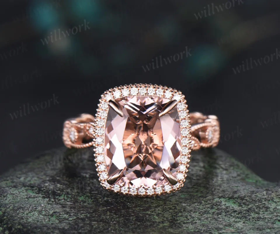 Vintage cushion cut morganite engagement ring rose gold leaf milgrain full eternity ring filigree halo art deco bridal jewelry made by Willwork Jewelry