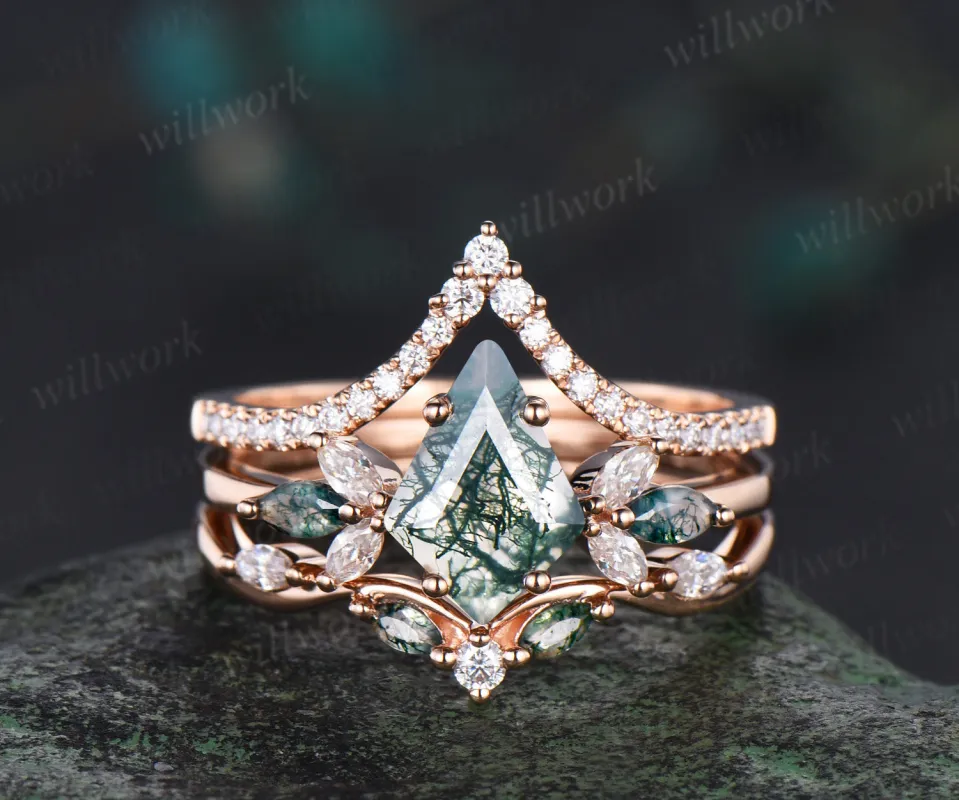 Kite cut moss agate engagement ring set unique marquise cluster ring diamonds half eternity curved wedding band green gemstone bridal ring set sold by Willwork Jewelry