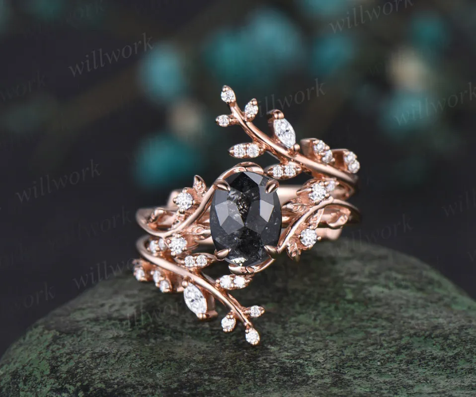 Vintage oval salt and pepper diamond engagement ring nature inspired leaf branch wedding band enhancer twisted bridal ring set sold by Willwork Jewelry