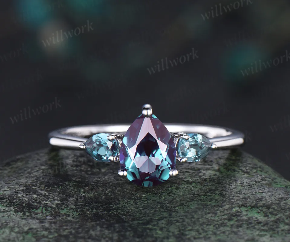 Teardrop alexandrite engagement ring minimalistic three stone unique pear shaped alexandrite ring June birthstone anniversary ring for women made by Willwork Jewelry
