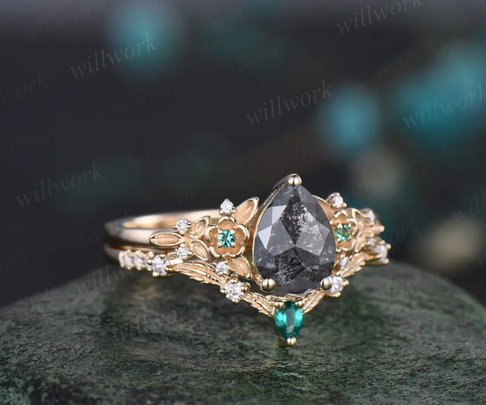 Vintage pear salt and pepper diamond engagement ring leaf flower emerald ring women unique cluster diamond bridal wedding ring set gift sold by Willwork Jewelry