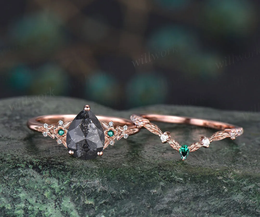 Vintage pear salt and pepper diamond engagement ring leaf flower emerald ring women unique cluster diamond bridal wedding ring set gift sold by Willwork Jewelry product image thumbnail 4