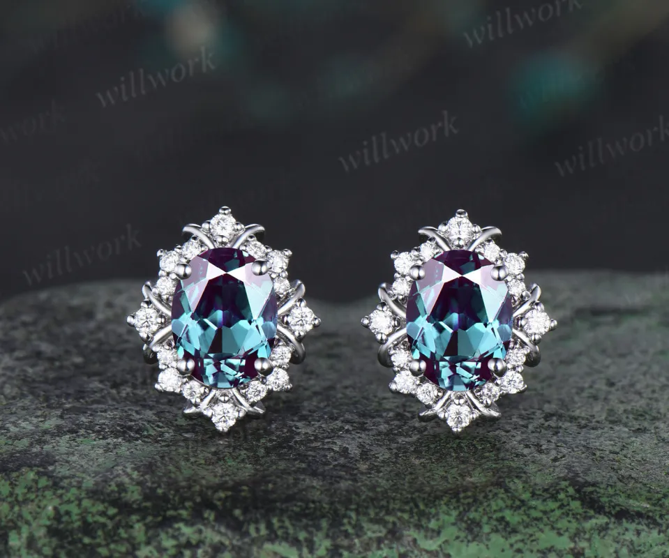 Vintage oval cut alexandrite stud earrings unique moissanite halo earrings color change gemstone pierced earrings birthstone gifts for her sold by Willwork Jewelry