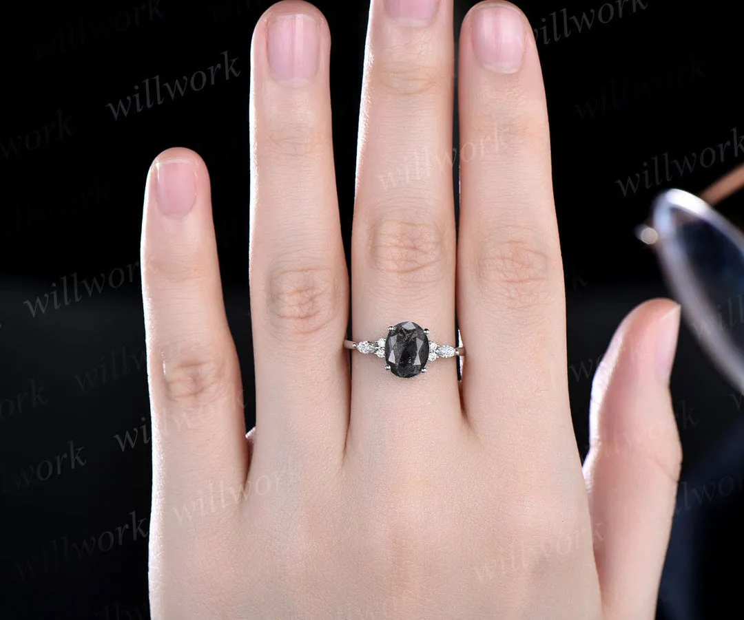 Oval Cut Salt and Pepper Diamond Engagement Ring Marquise Engagement Ring Women Diamond Ring Vintage Promise Ring sold by Willwork Jewelry product image thumbnail 3