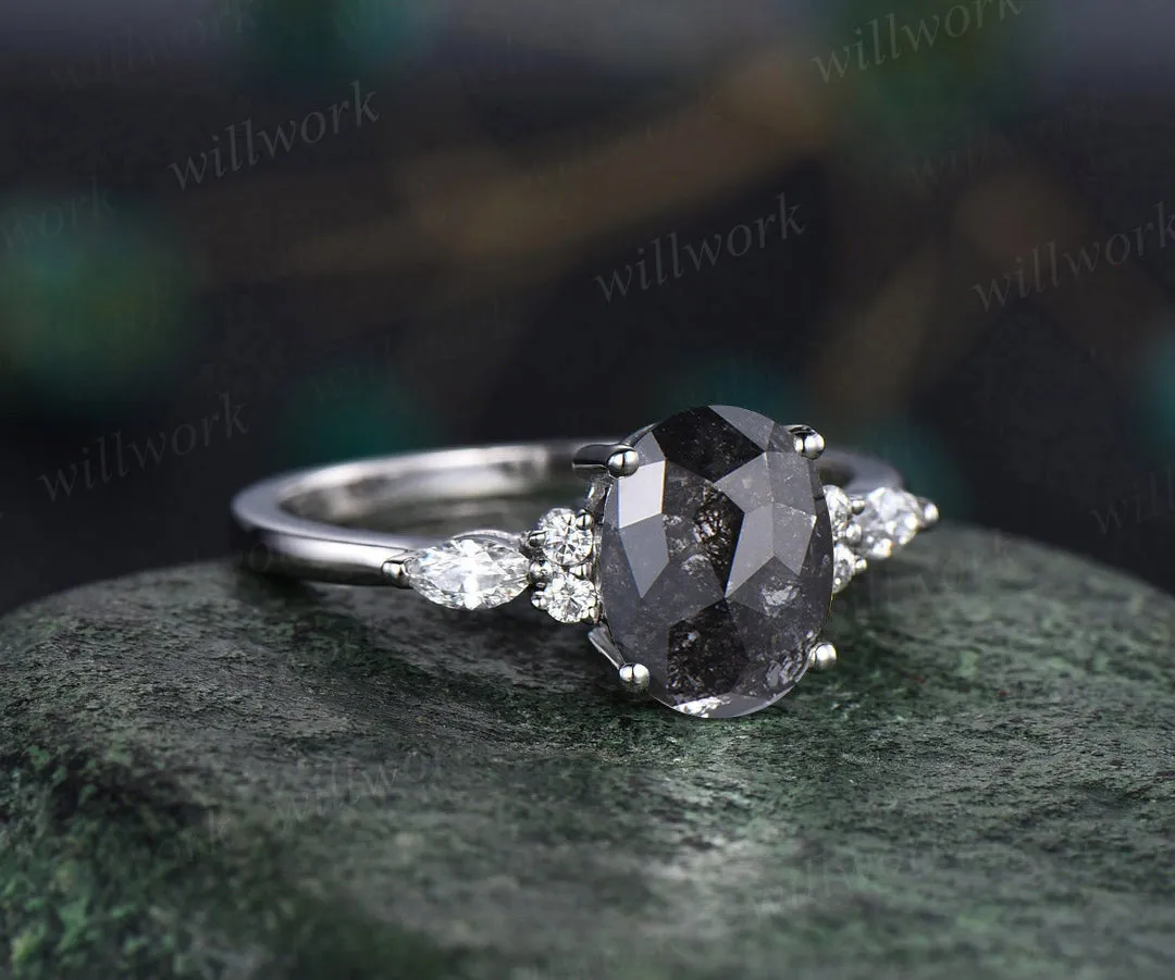 Oval Cut Salt and Pepper Diamond Engagement Ring Marquise Engagement Ring Women Diamond Ring Vintage Promise Ring sold by Willwork Jewelry product image thumbnail 4