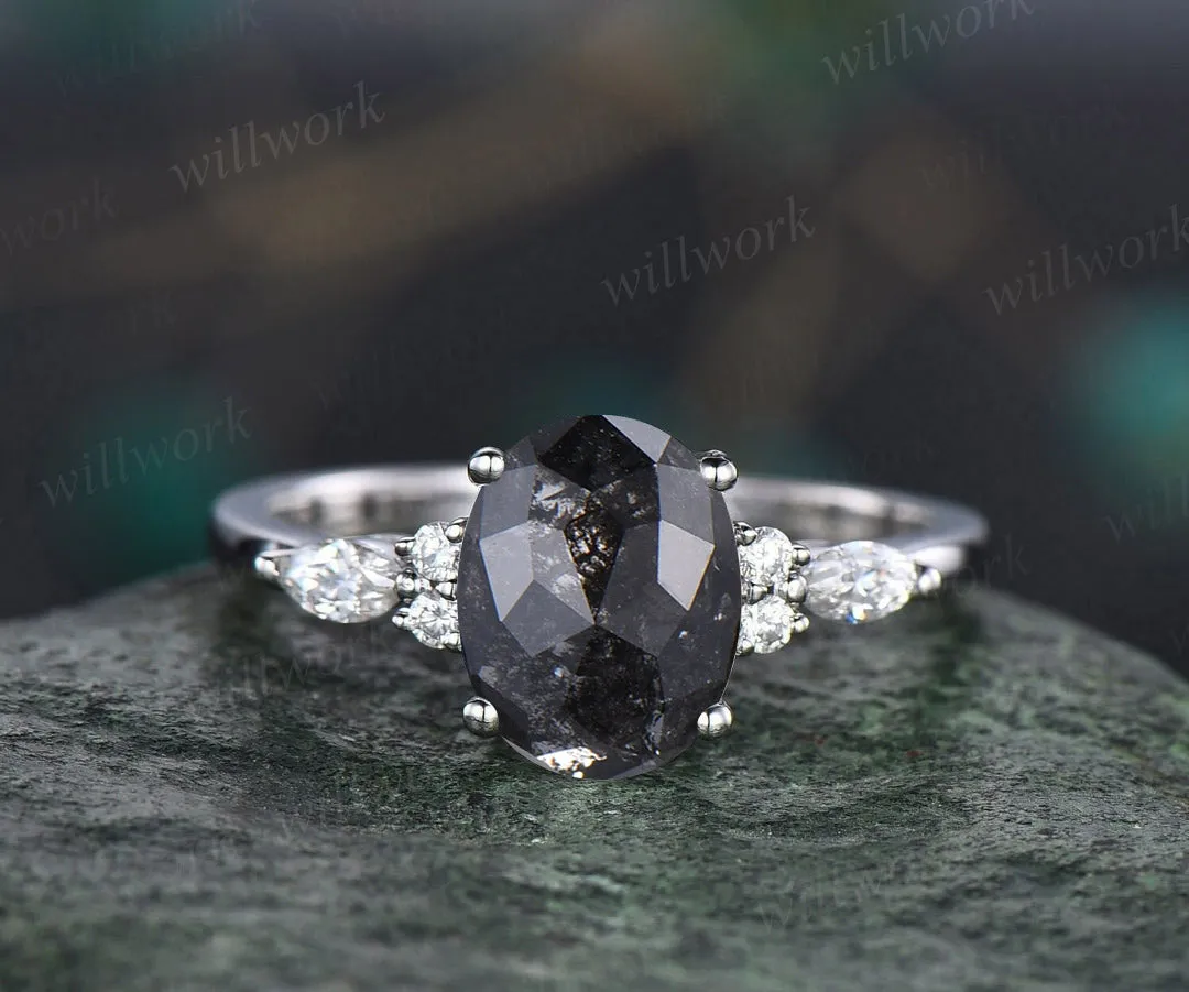 Oval Cut Salt and Pepper Diamond Engagement Ring Marquise Engagement Ring Women Diamond Ring Vintage Promise Ring sold by Willwork Jewelry