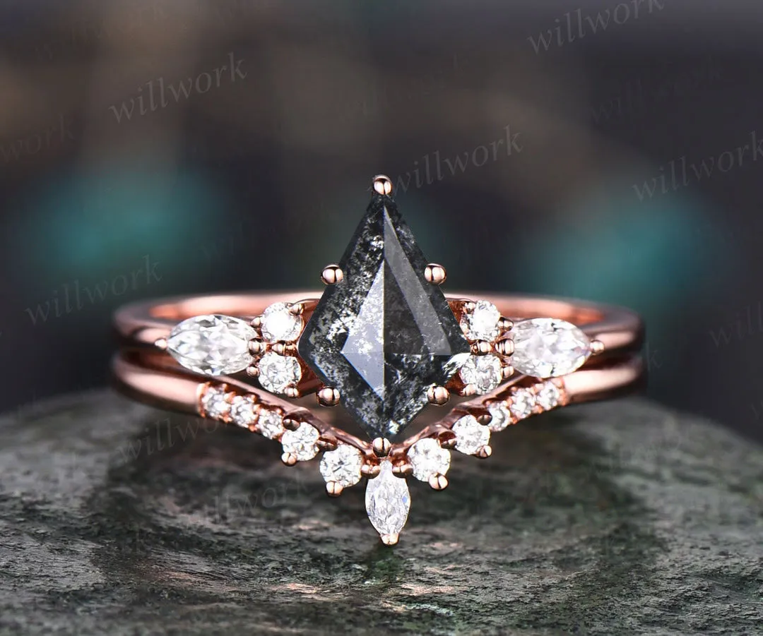 Vintage kite cut salt and pepper diamond engagement ring set unique bridal wedding ring set sold by Willwork Jewelry