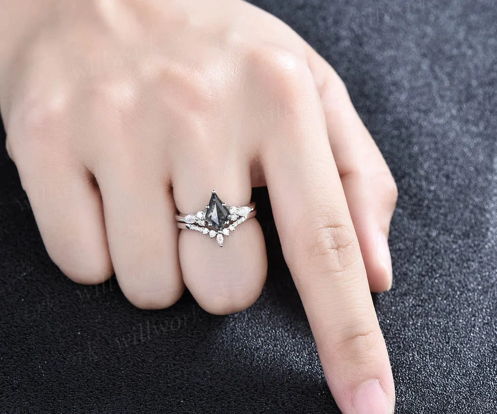 Vintage kite cut salt and pepper diamond engagement ring set unique bridal wedding ring set sold by Willwork Jewelry product image thumbnail 2