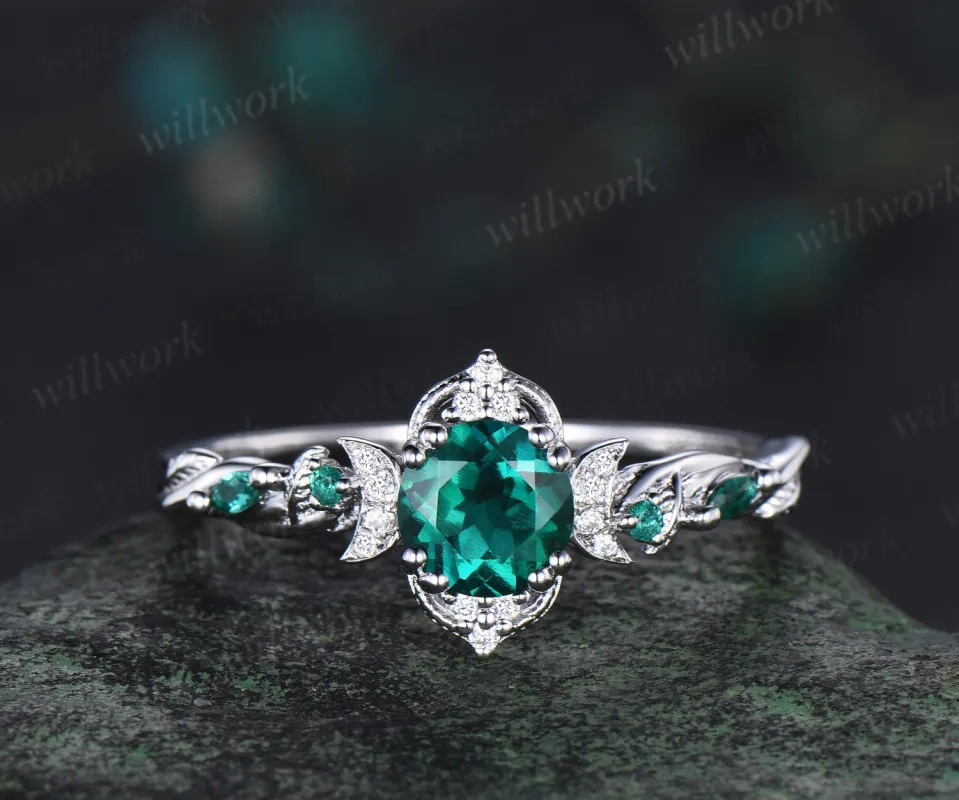 1ct round cut emerald engagement ring dainty moon diamond cluster ring nature-inspired leaf vines wedding ring May birthstone gifts sold by Willwork Jewelry