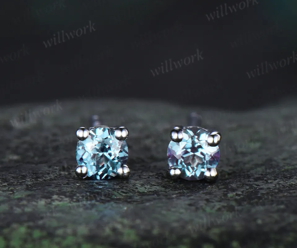 Dainty round alexandrite stud earrings color changing stone June birthstone earrings 14k white gold minimalism pierced earrings made by Willwork Jewelry