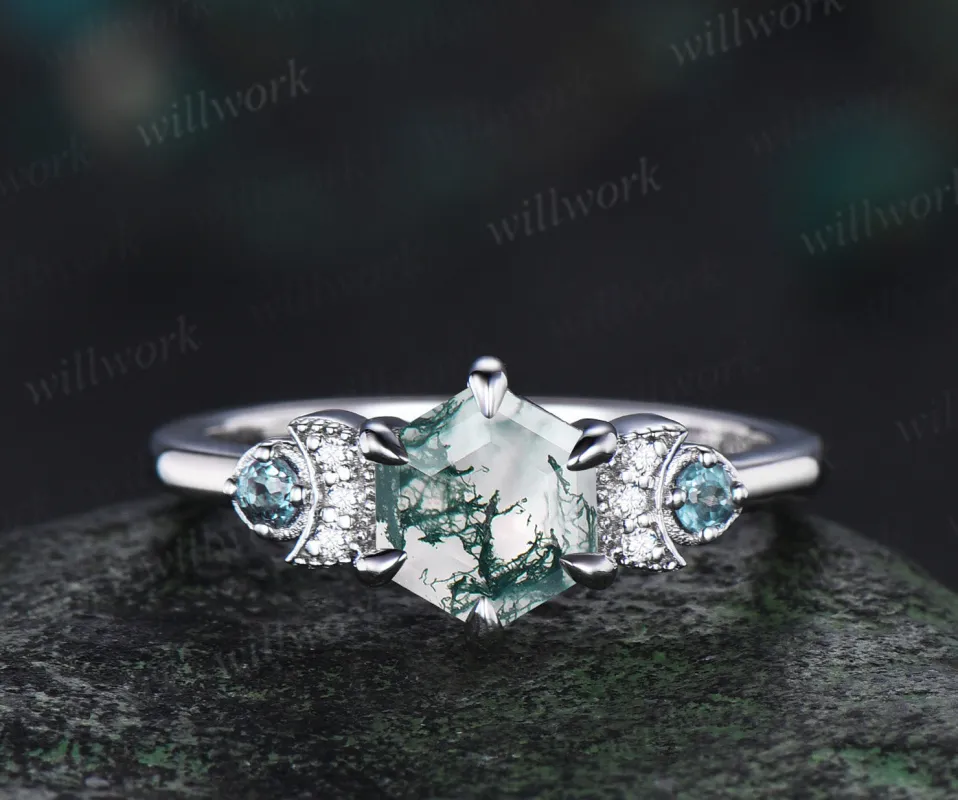 Hexagon shape moss agate engagement ring deco moon diamonds alexandrites ring color change gem wedding ring birthday anniversary gifts sold by Willwork Jewelry