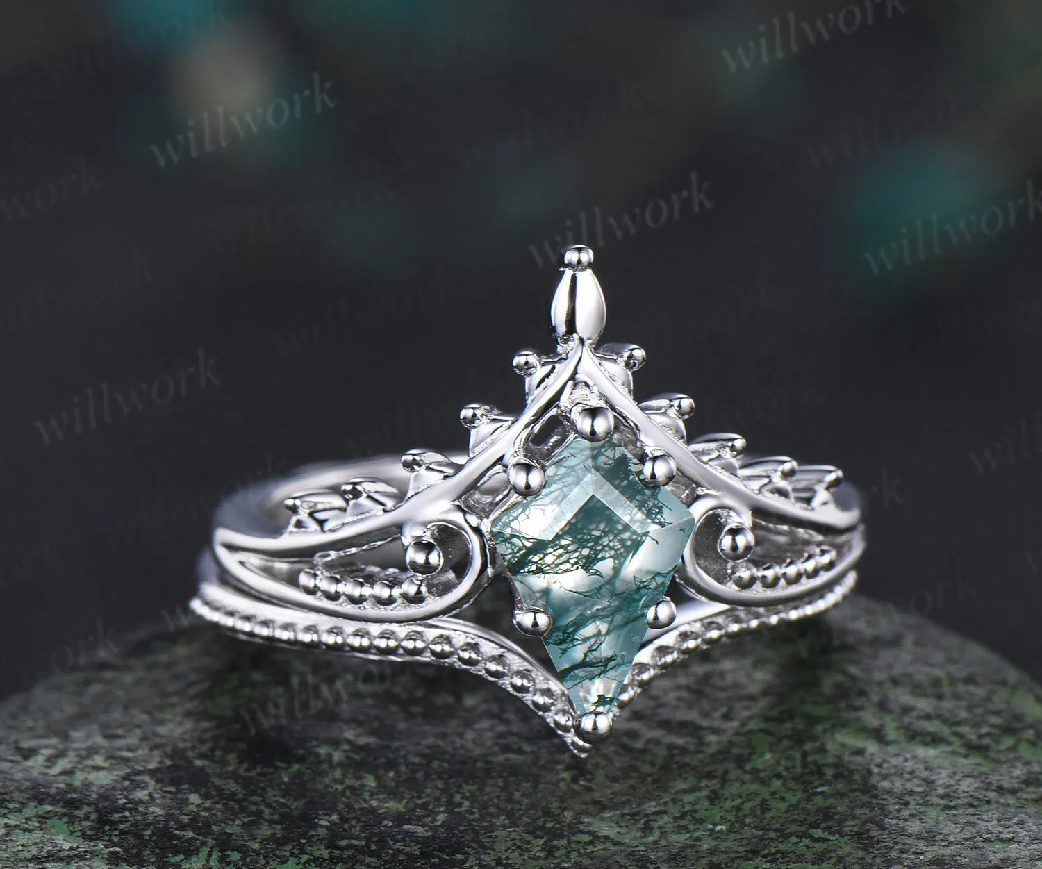 Kite cut moss agate engagement ring filigree leaf split shank ring milgrain band vintage boho bridal set gift for her sold by Willwork Jewelry product image thumbnail 5