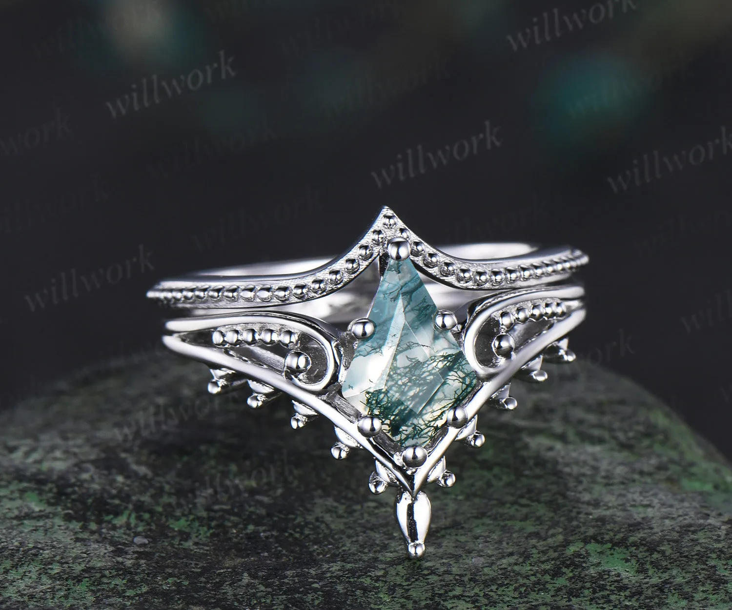 Kite cut moss agate engagement ring filigree leaf split shank ring milgrain band vintage boho bridal set gift for her sold by Willwork Jewelry product image thumbnail 3