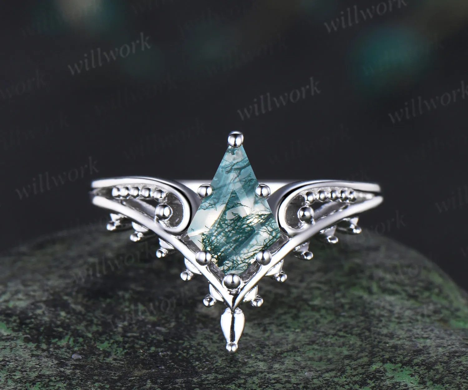 Kite cut moss agate engagement ring filigree leaf split shank ring milgrain band vintage boho bridal set gift for her sold by Willwork Jewelry product image thumbnail 4
