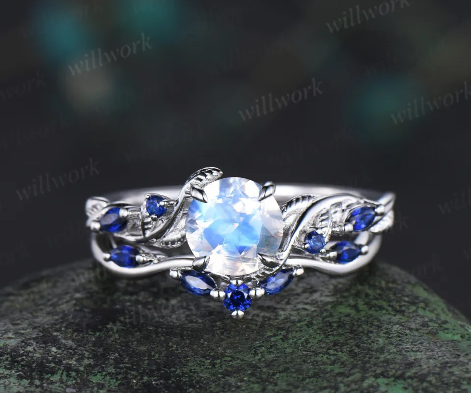 Round cut nature inspired moonstone engagement ring set unique leaf design ring blue sapphire wedding band birthstone anniversary gifts made by Willwork Jewelry