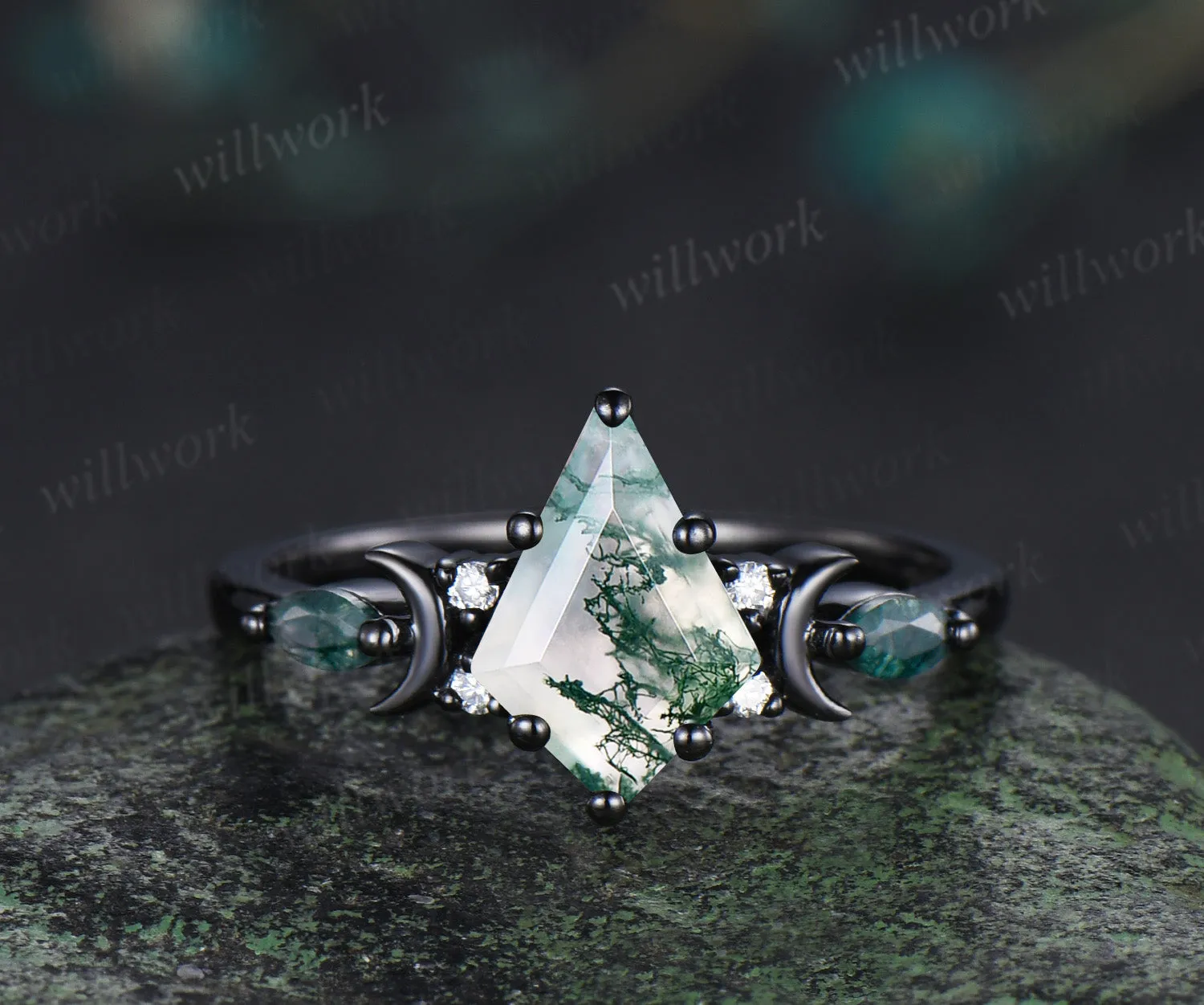 Black gold kite cut moss agate ring Unique crescent moon star engagement ring art deco delicate bridal wedding set handmade anniversary gift sold by Willwork Jewelry product image thumbnail 3