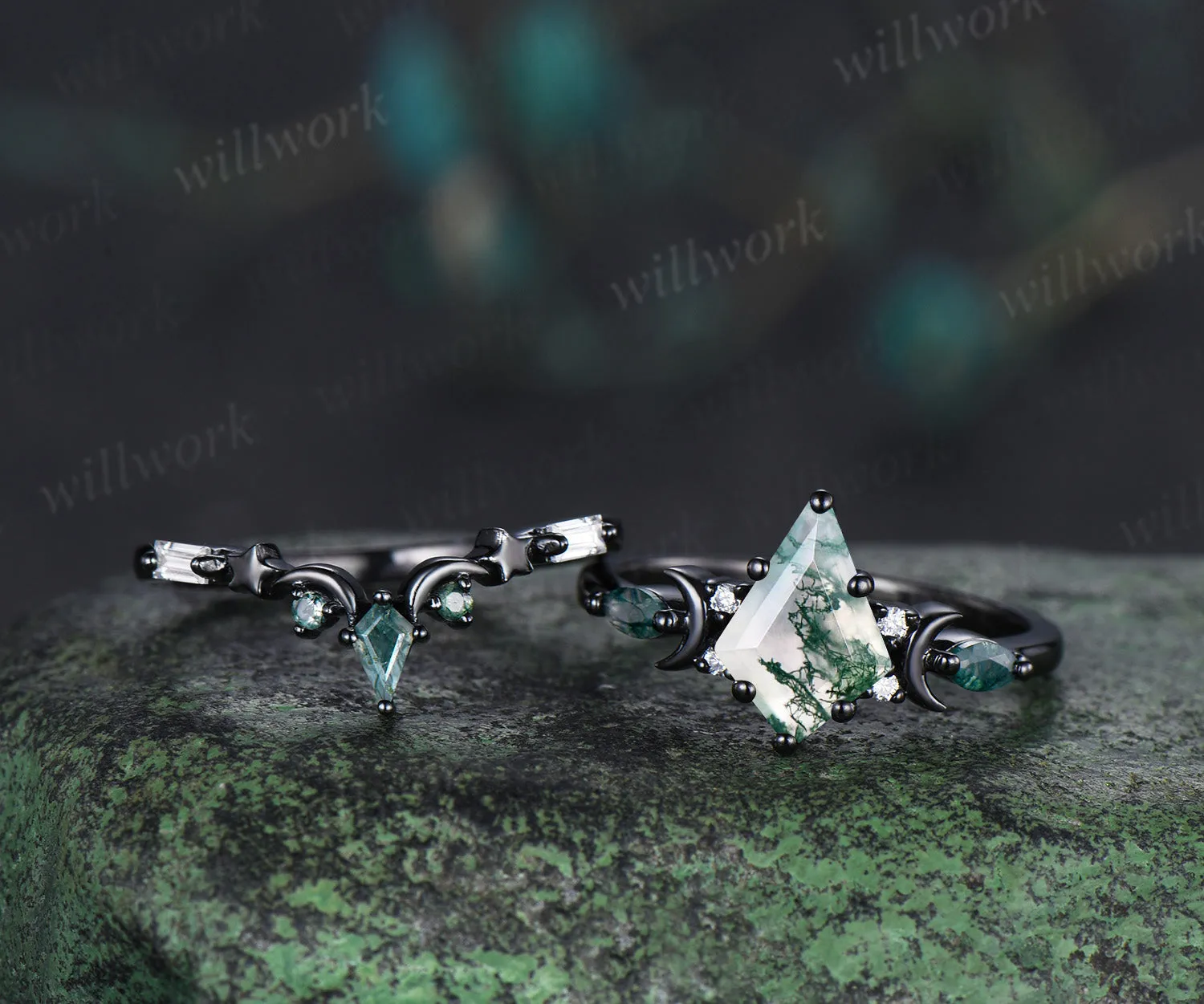 Black gold kite cut moss agate ring Unique crescent moon star engagement ring art deco delicate bridal wedding set handmade anniversary gift sold by Willwork Jewelry product image thumbnail 5