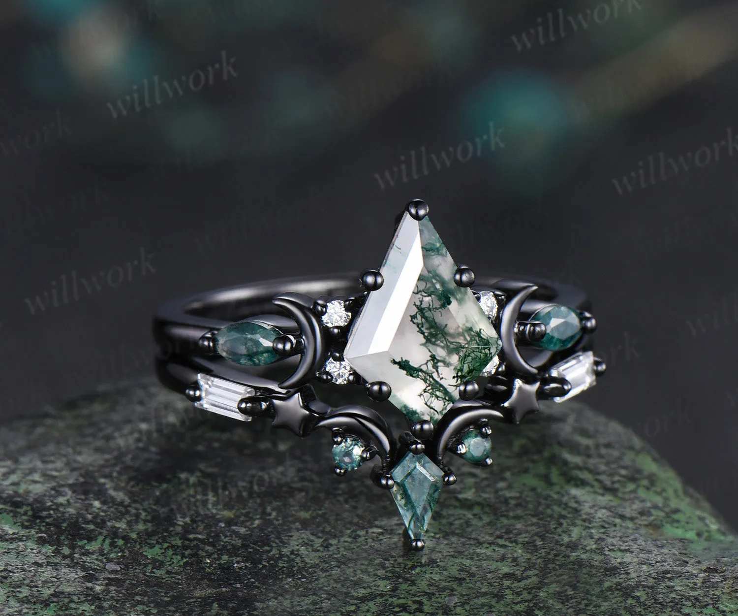Black gold kite cut moss agate ring Unique crescent moon star engagement ring art deco delicate bridal wedding set handmade anniversary gift sold by Willwork Jewelry product image thumbnail 2