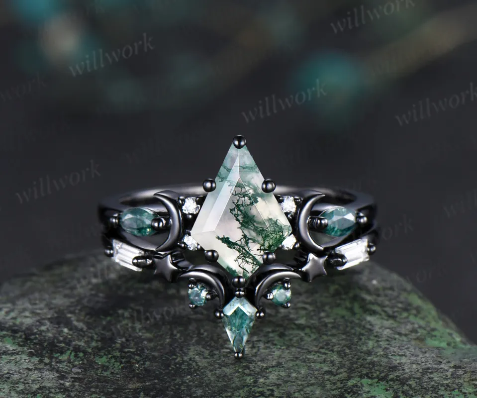 Black gold kite cut moss agate ring Unique crescent moon star engagement ring art deco delicate bridal wedding set handmade anniversary gift sold by Willwork Jewelry