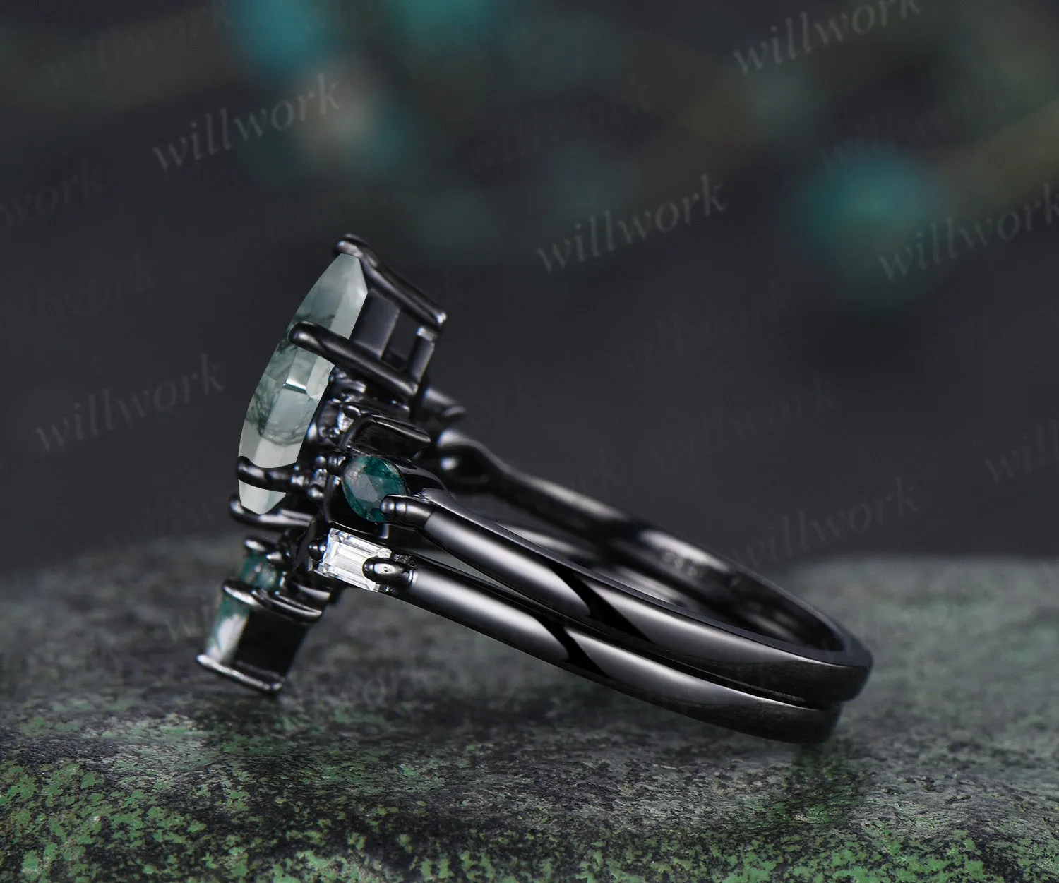 Black gold kite cut moss agate ring Unique crescent moon star engagement ring art deco delicate bridal wedding set handmade anniversary gift sold by Willwork Jewelry product image thumbnail 4