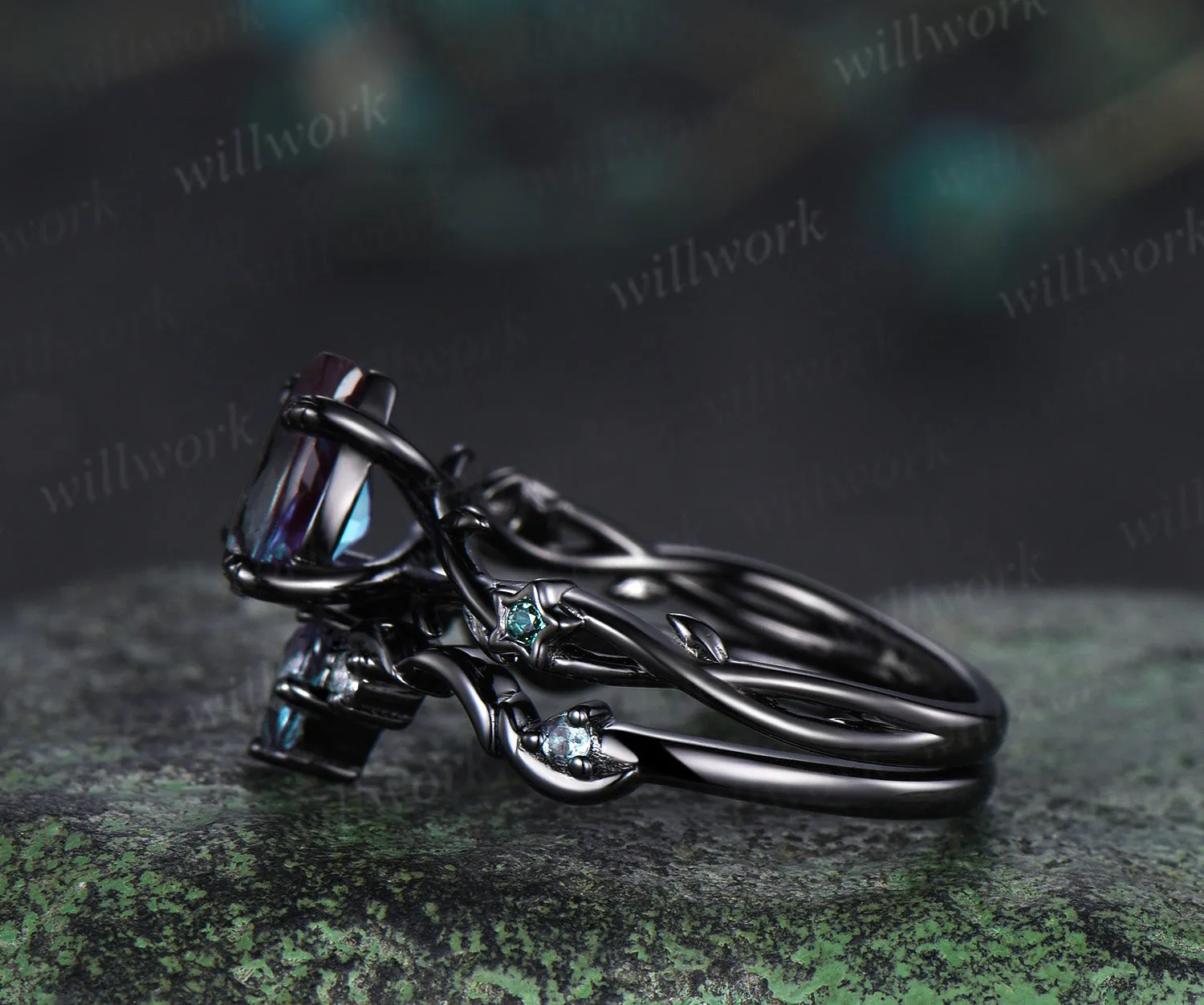 Gothic Black Moon Star Pear Shaped Alexandrite Engagement Ring 14k Black Gold Twig Leaf Vine Alexandrite Wedding Ring Set Anniversary Gift sold by Willwork Jewelry product image thumbnail 5
