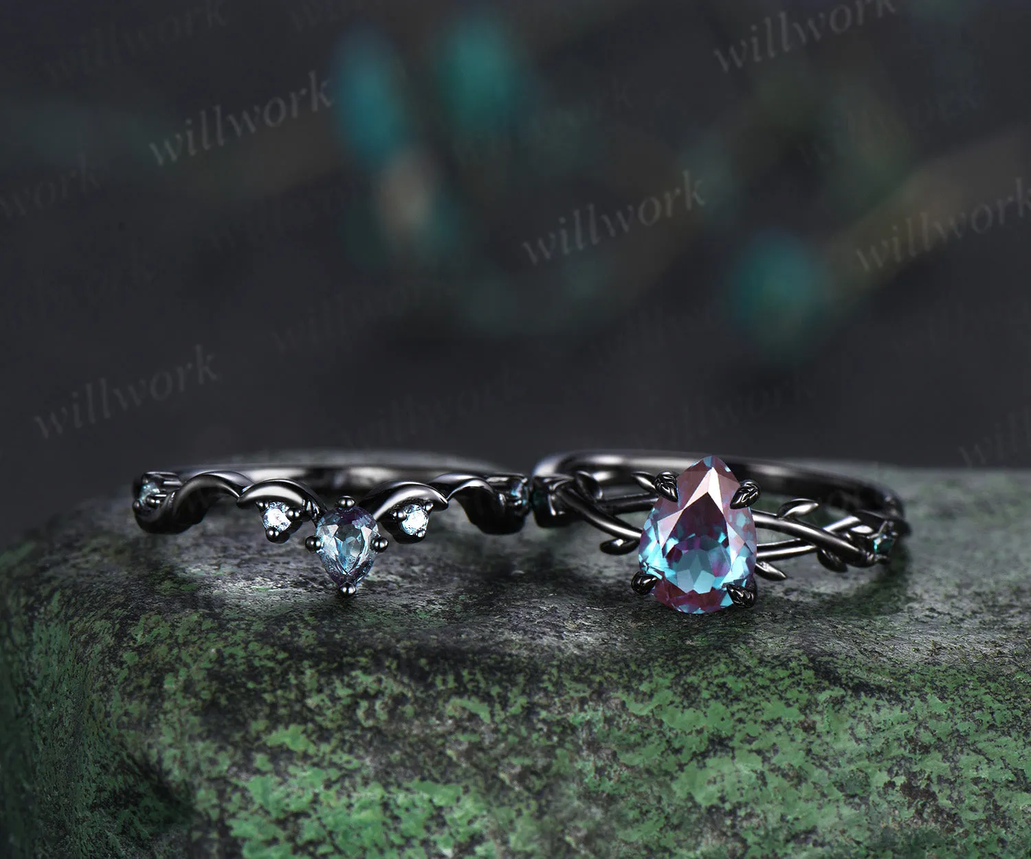 Gothic Black Moon Star Pear Shaped Alexandrite Engagement Ring 14k Black Gold Twig Leaf Vine Alexandrite Wedding Ring Set Anniversary Gift sold by Willwork Jewelry product image thumbnail 2