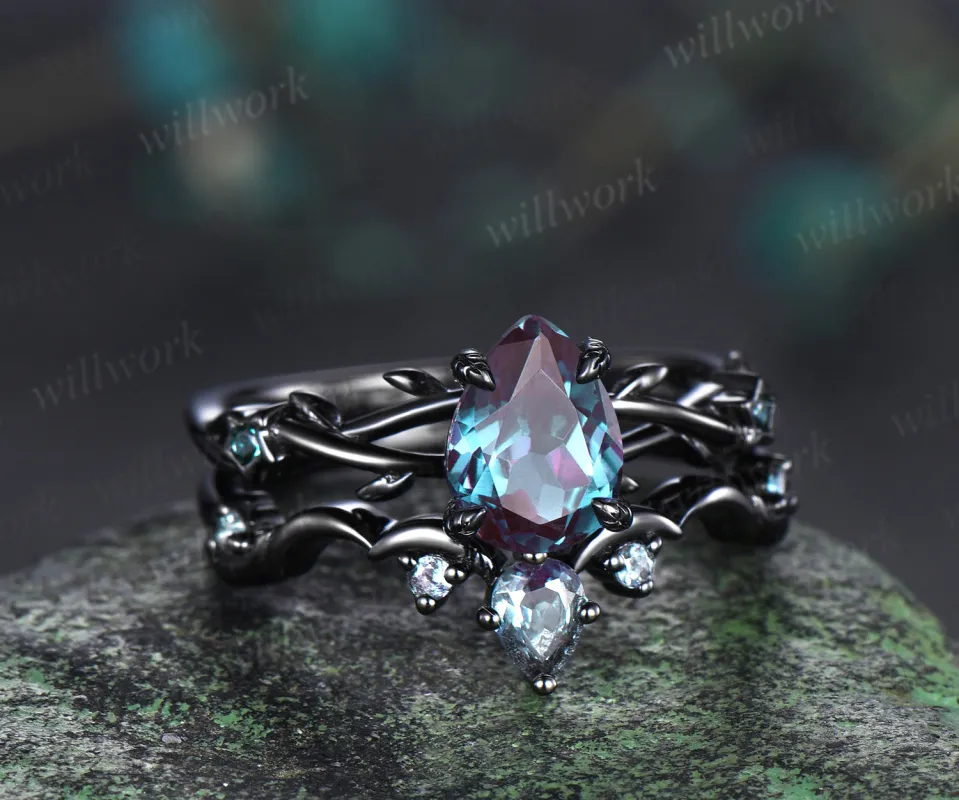 Gothic Black Moon Star Pear Shaped Alexandrite Engagement Ring 14k Black Gold Twig Leaf Vine Alexandrite Wedding Ring Set Anniversary Gift sold by Willwork Jewelry
