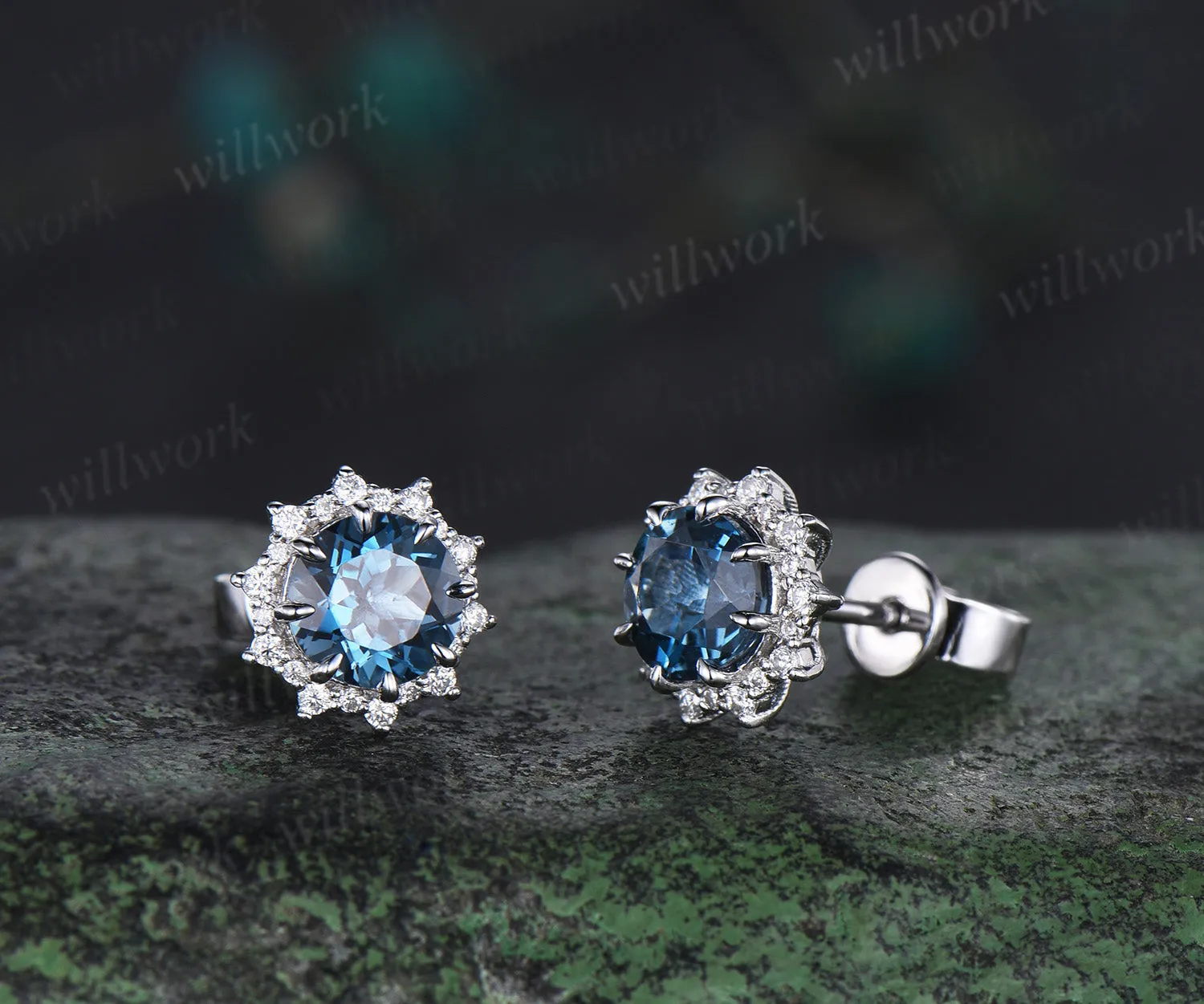 Round Cut London Blue Topaz Stud Earrings 14k white Gold halo snowdrift diamond December Birthstone Earrings women sold by Willwork Jewelry product image thumbnail 4