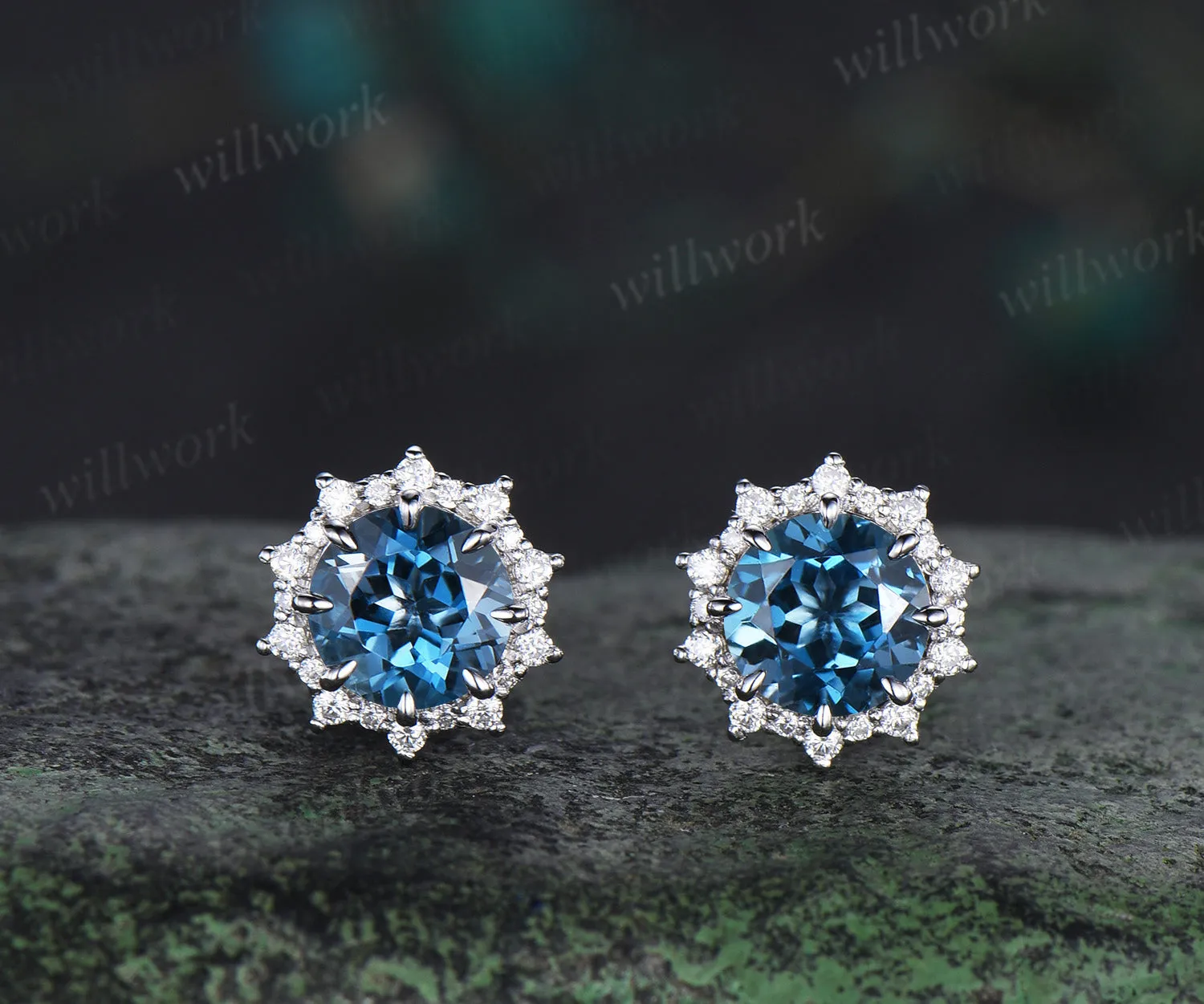 Round Cut London Blue Topaz Stud Earrings 14k white Gold halo snowdrift diamond December Birthstone Earrings women sold by Willwork Jewelry