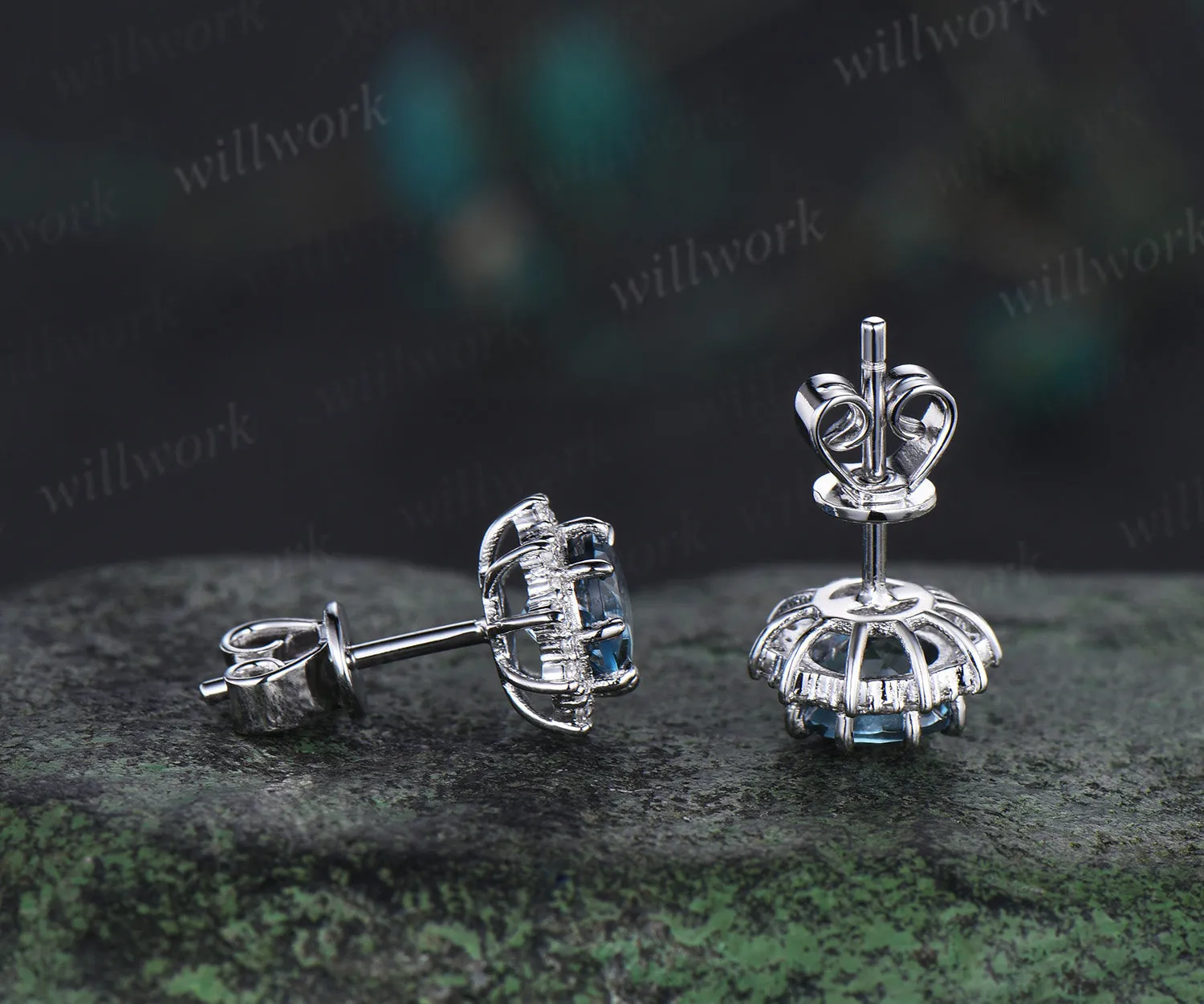Round Cut London Blue Topaz Stud Earrings 14k white Gold halo snowdrift diamond December Birthstone Earrings women sold by Willwork Jewelry product image thumbnail 5