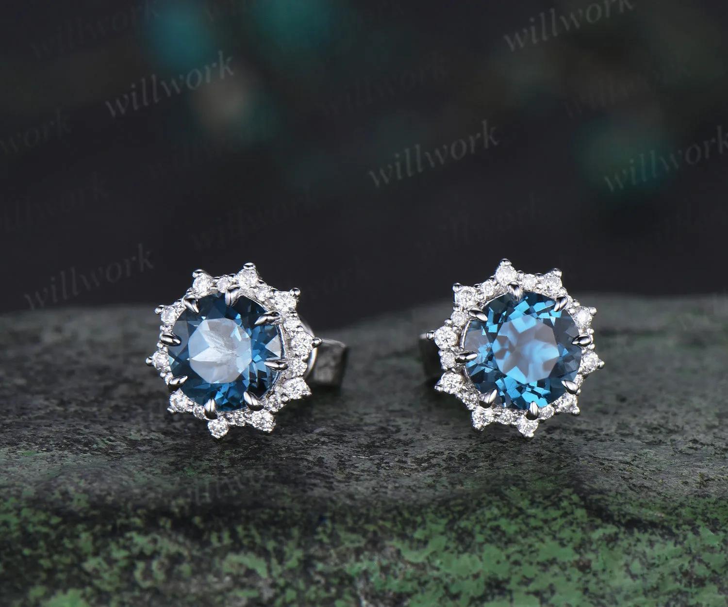 Round Cut London Blue Topaz Stud Earrings 14k white Gold halo snowdrift diamond December Birthstone Earrings women sold by Willwork Jewelry product image thumbnail 2