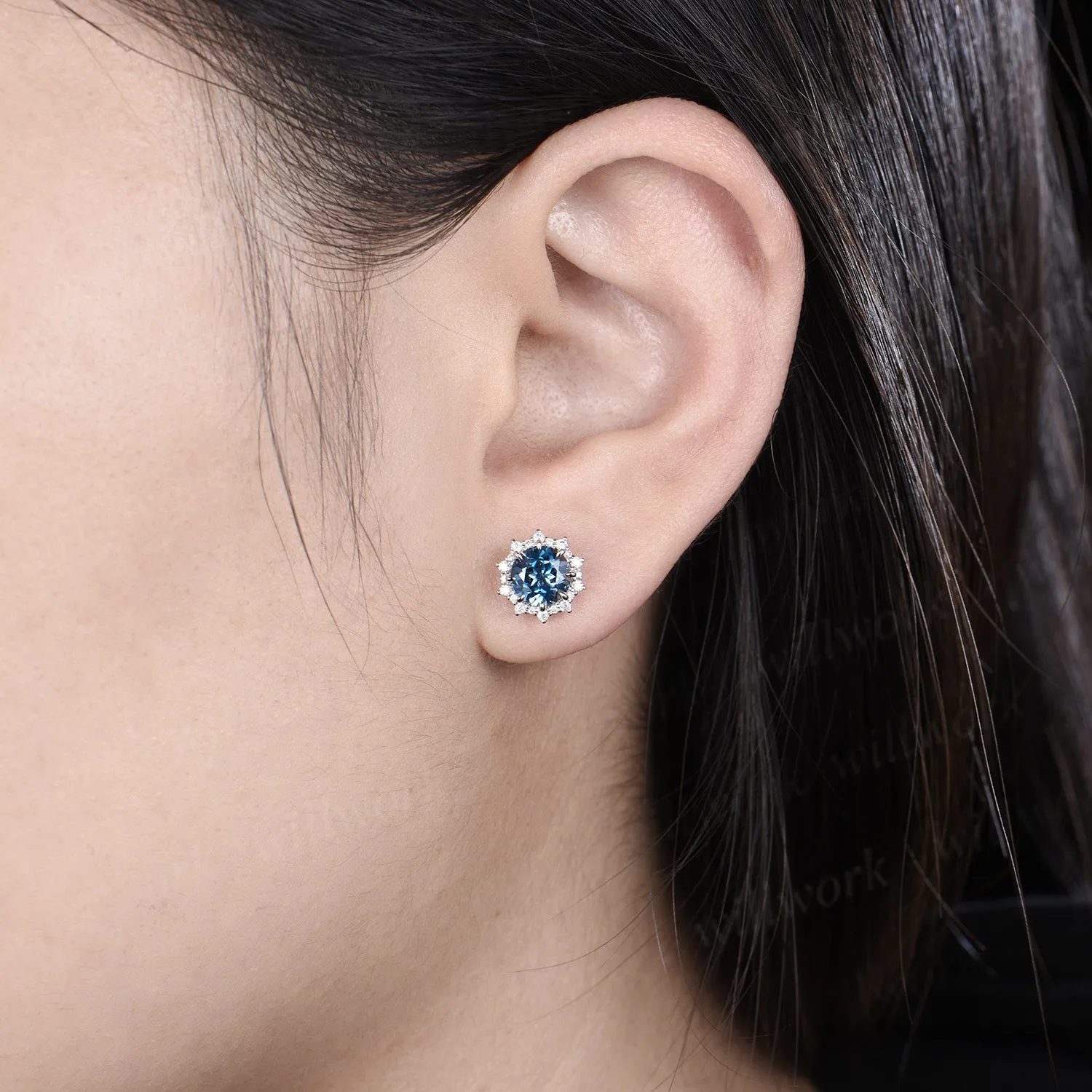 Round Cut London Blue Topaz Stud Earrings 14k white Gold halo snowdrift diamond December Birthstone Earrings women sold by Willwork Jewelry product image thumbnail 3
