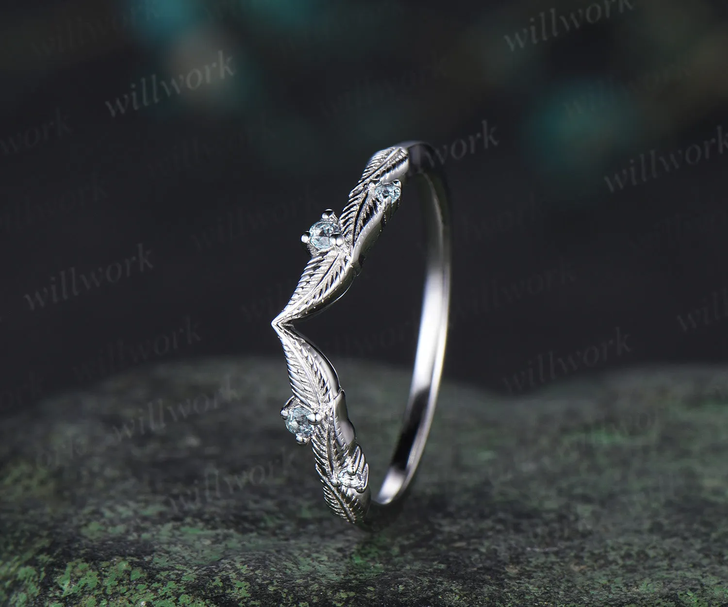 Nature inspired alexandrite leaf wedding band curved V-shaped vintage stacking ring birthstone anniversary ring sold by Willwork Jewelry product image thumbnail 4