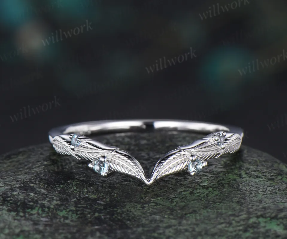 Nature inspired alexandrite leaf wedding band curved V-shaped vintage stacking ring birthstone anniversary ring sold by Willwork Jewelry