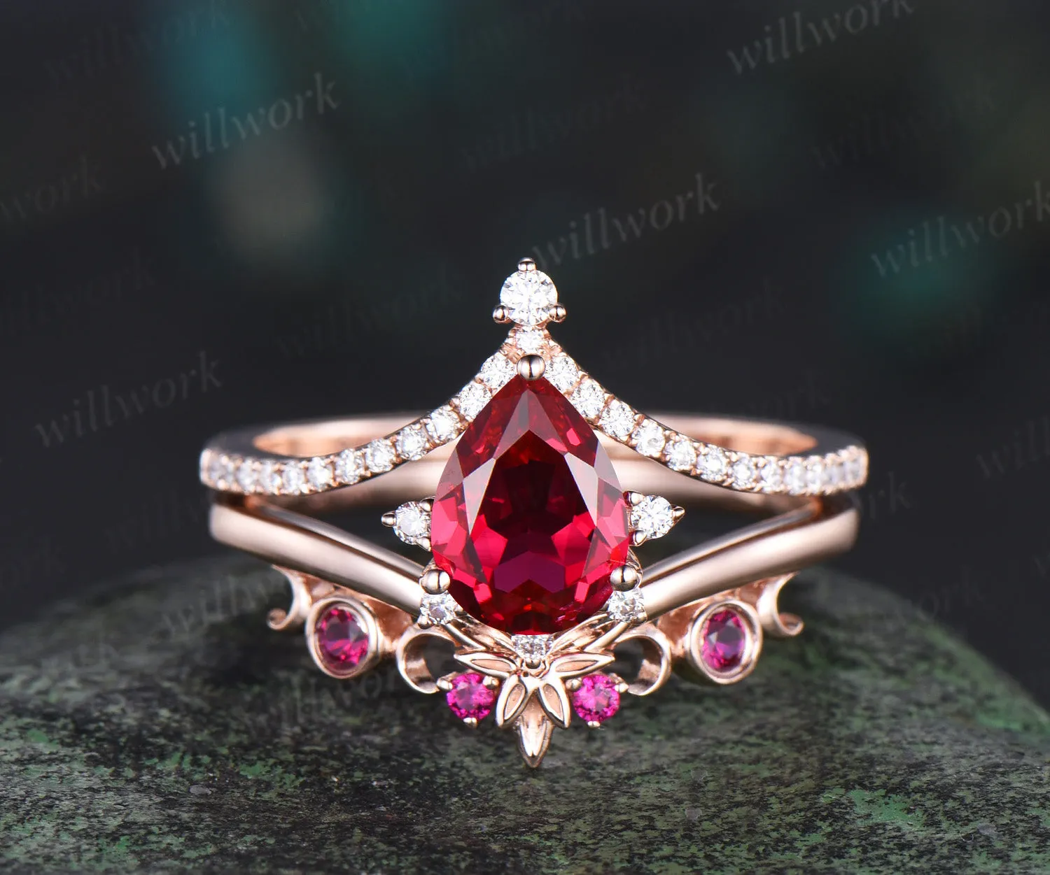 Pear red ruby ring vintage half eternity cluster rose gold engagement ring set moon bezel anniversary gift women sold by Willwork Jewelry product image thumbnail 3