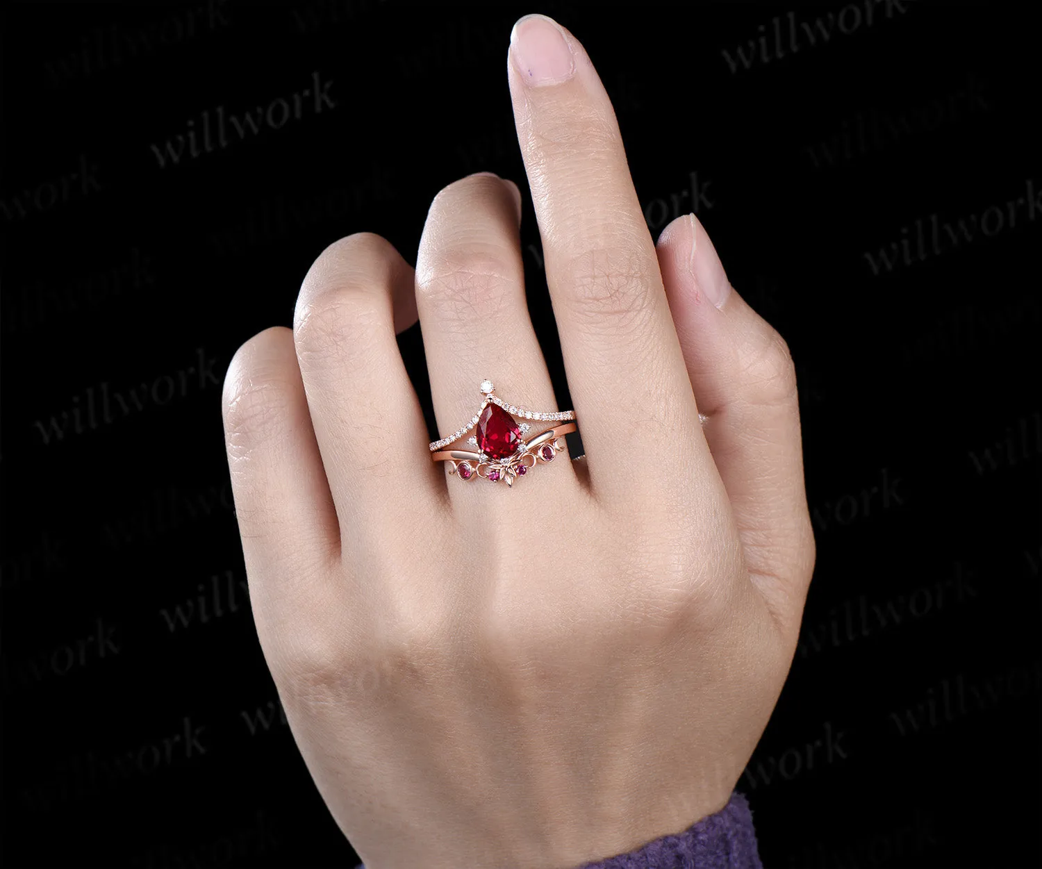 Pear red ruby ring vintage half eternity cluster rose gold engagement ring set moon bezel anniversary gift women sold by Willwork Jewelry product image thumbnail 4