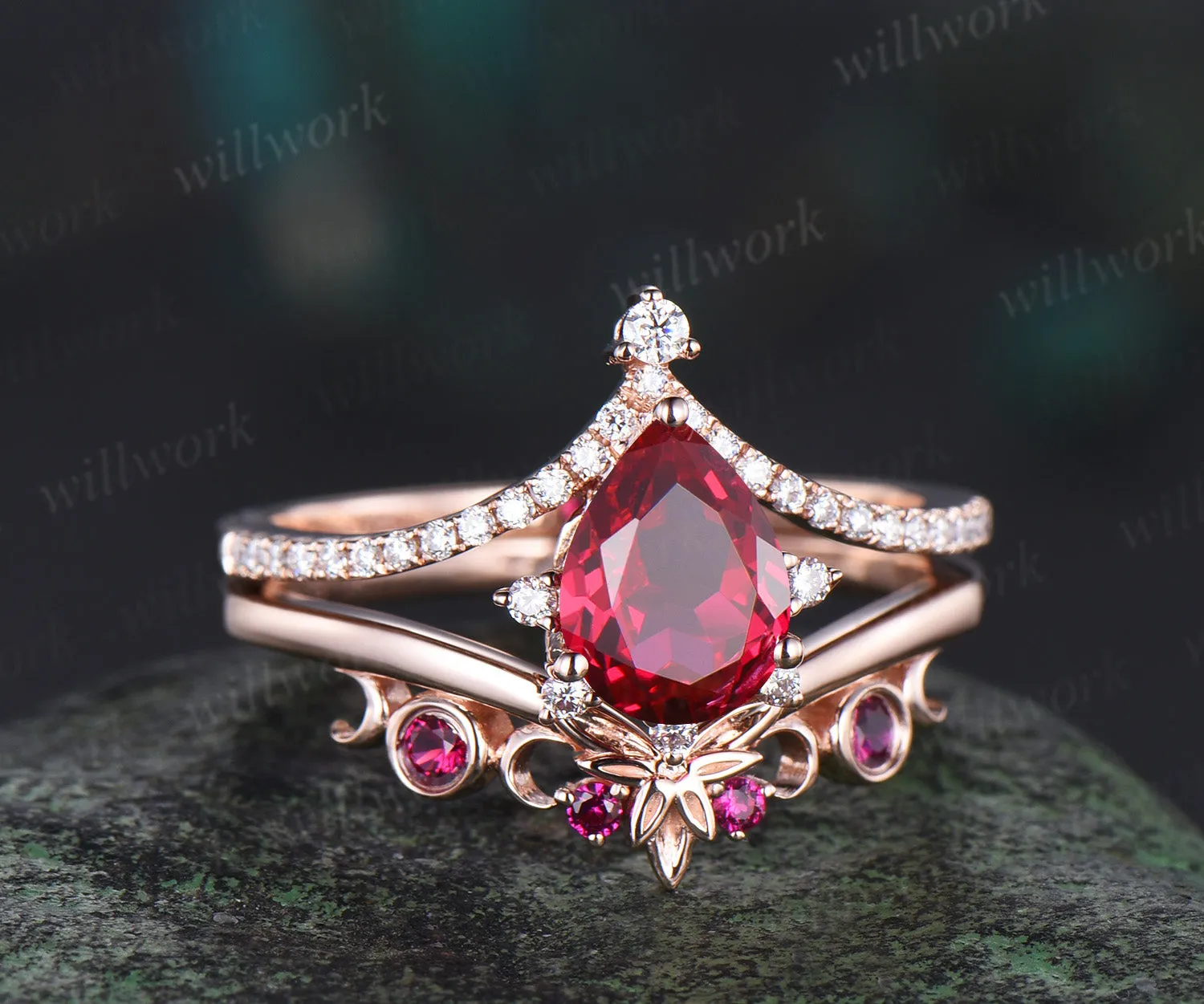 Pear red ruby ring vintage half eternity cluster rose gold engagement ring set moon bezel anniversary gift women sold by Willwork Jewelry