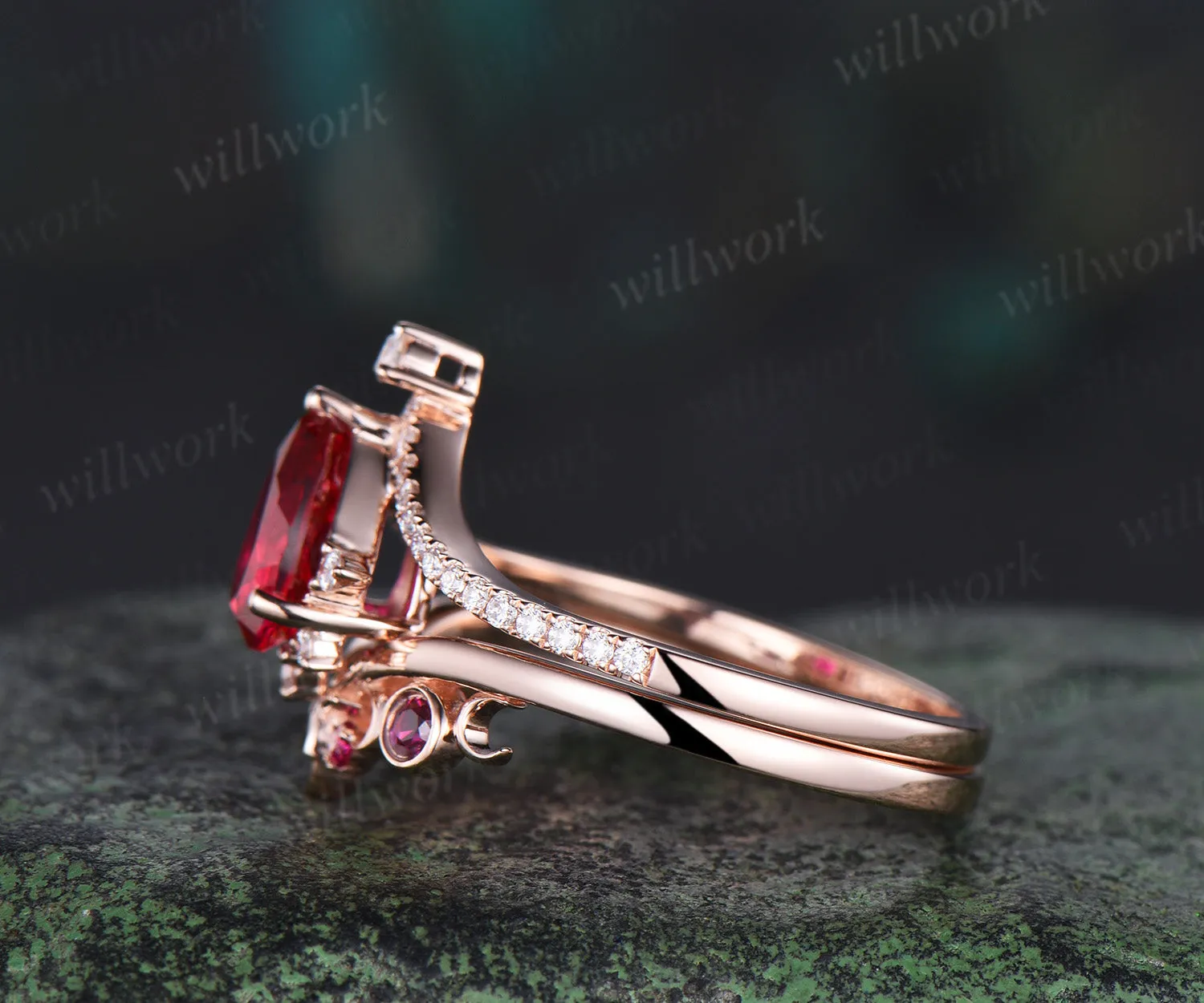 Pear red ruby ring vintage half eternity cluster rose gold engagement ring set moon bezel anniversary gift women sold by Willwork Jewelry product image thumbnail 5