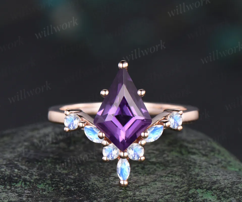 Kite cut purple amethyst engagement ring rose gold 6 prong unique moonstone anniversary promise wedding ring women sold by Willwork Jewelry
