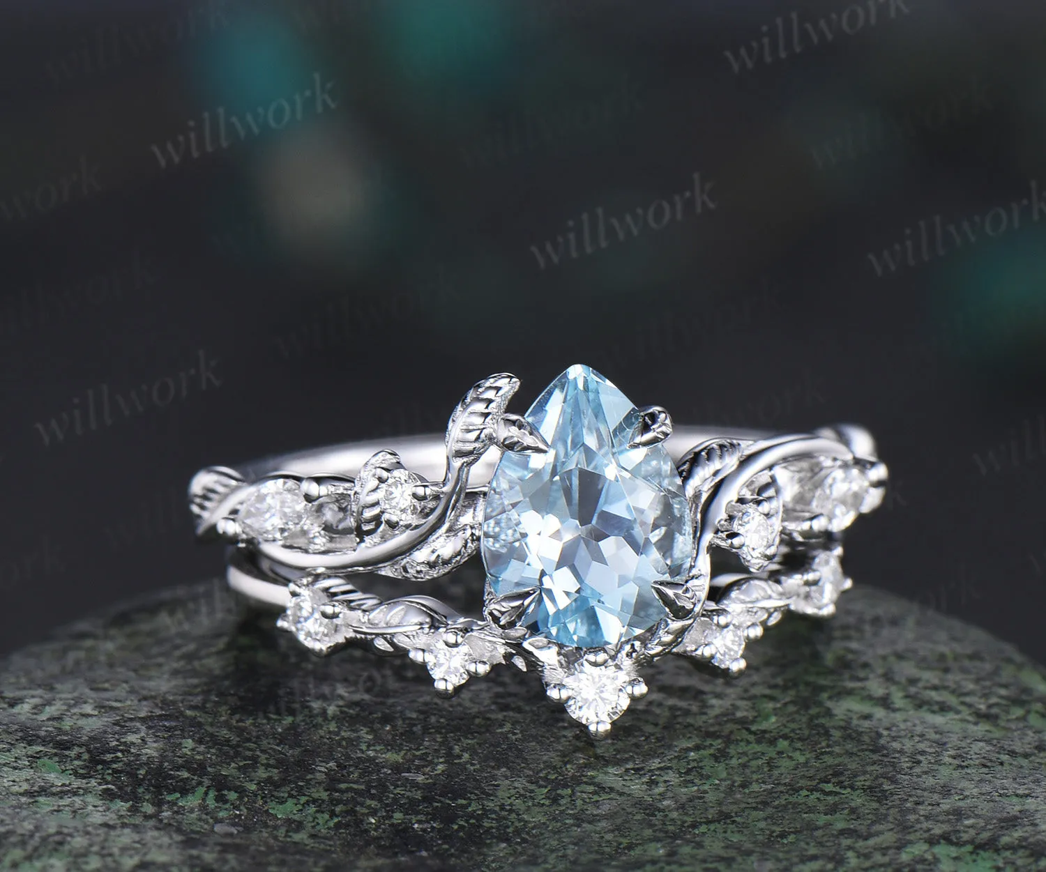 Twig Vine Nature Inspired Natural Aquamarine Diamond Engagement Ring 14K White Gold Moissanite Wedding Leaf Bridal Set Promise Gifts sold by Willwork Jewelry product image thumbnail 4