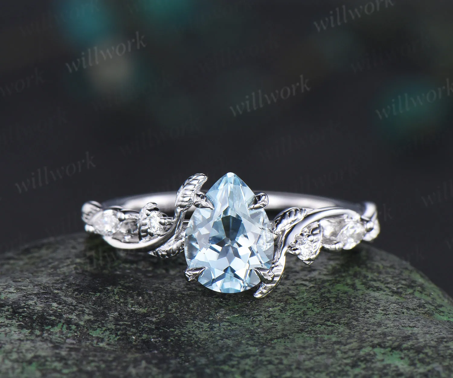 Twig Vine Nature Inspired Natural Aquamarine Diamond Engagement Ring 14K White Gold Moissanite Wedding Leaf Bridal Set Promise Gifts sold by Willwork Jewelry product image thumbnail 5