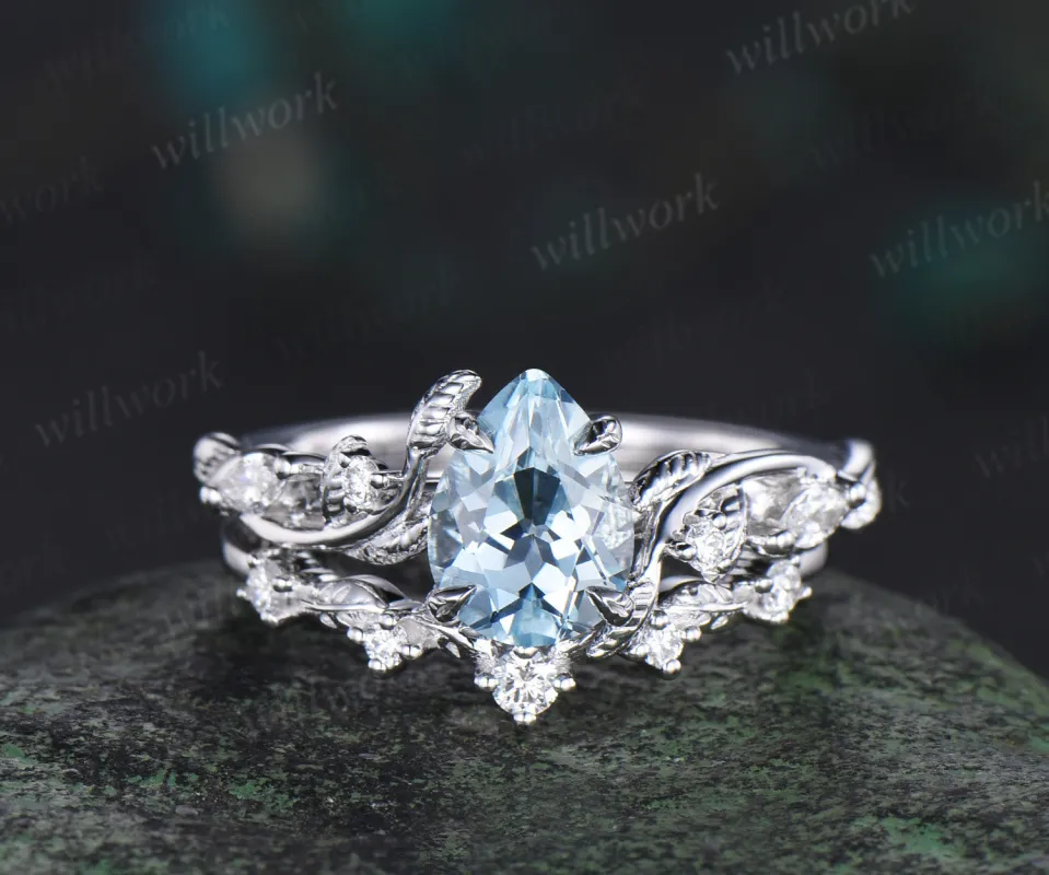Twig Vine Nature Inspired Natural Aquamarine Diamond Engagement Ring 14K White Gold Moissanite Wedding Leaf Bridal Set Promise Gifts sold by Willwork Jewelry