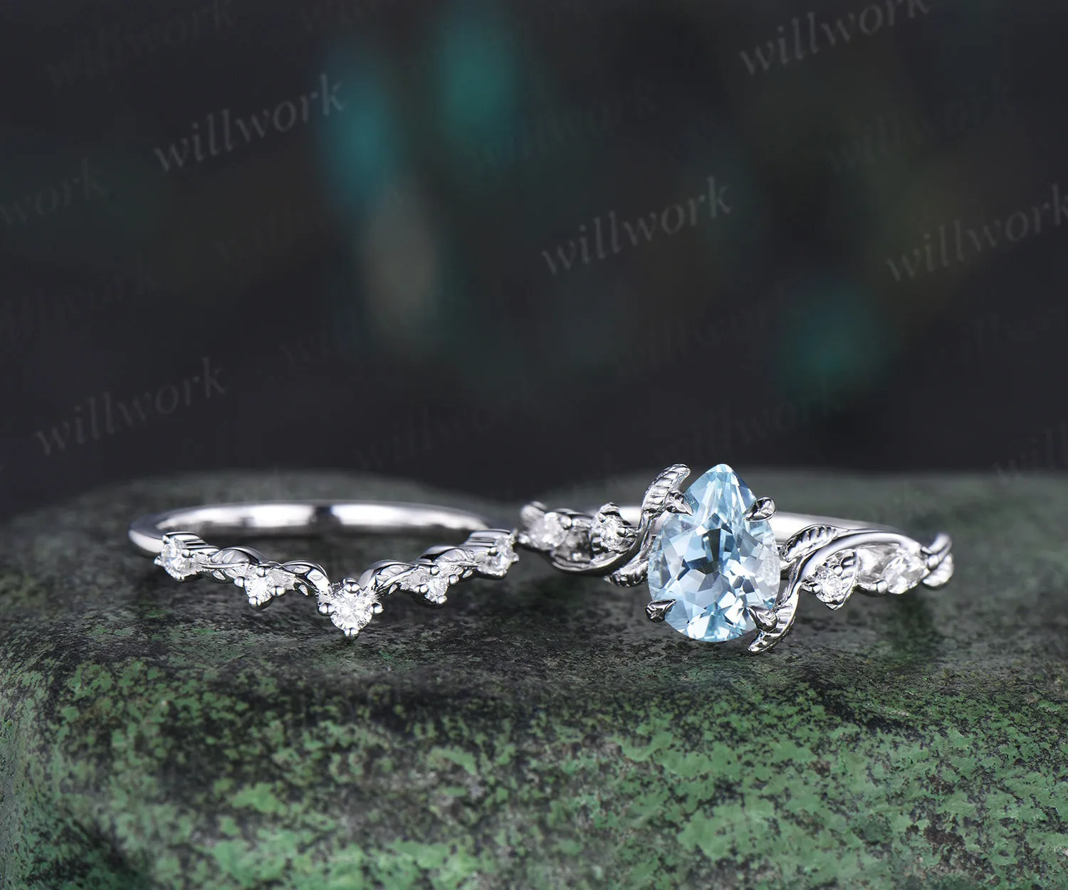 Twig Vine Nature Inspired Natural Aquamarine Diamond Engagement Ring 14K White Gold Moissanite Wedding Leaf Bridal Set Promise Gifts sold by Willwork Jewelry product image thumbnail 3